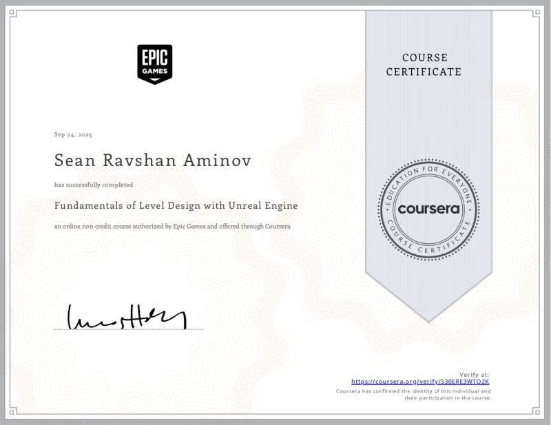 Coursera certificate: Unreal Engine Fundamentals